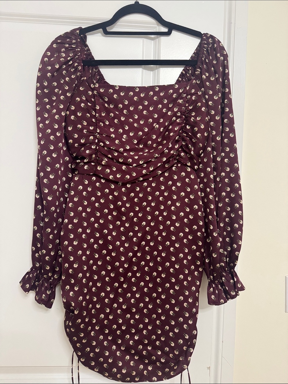 Burgundy Floral Long-Sleeve Ruched Mini Dress